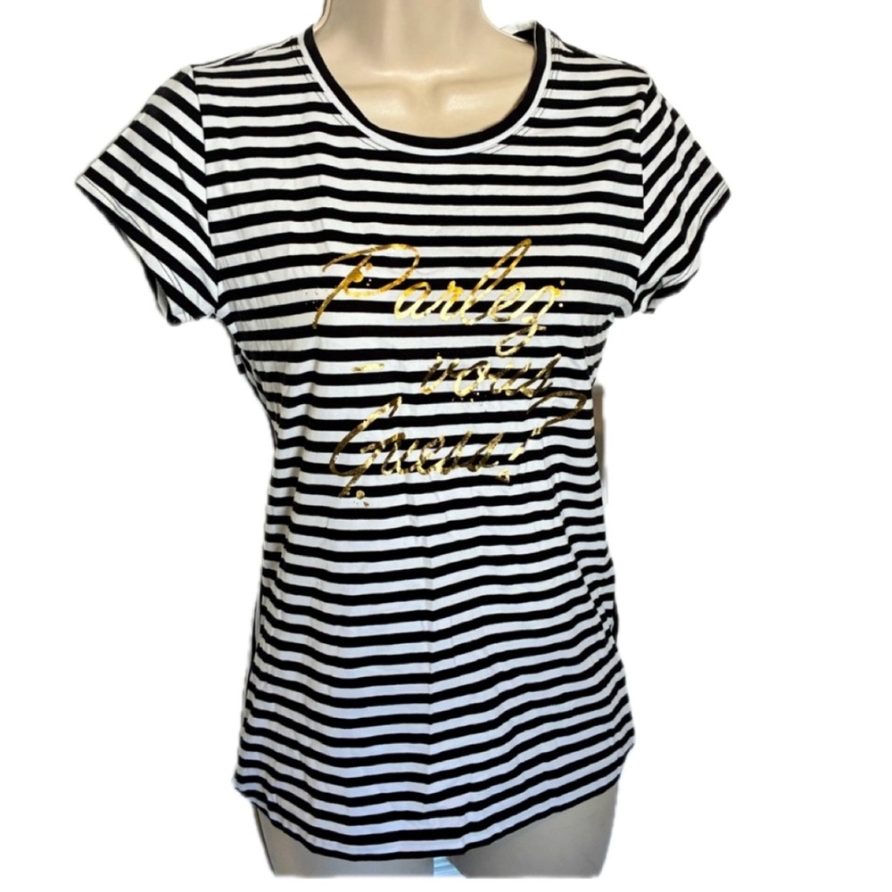 Black and White Striped Guess Top With Gold “Parley Vous Guess” Medium - NWT!